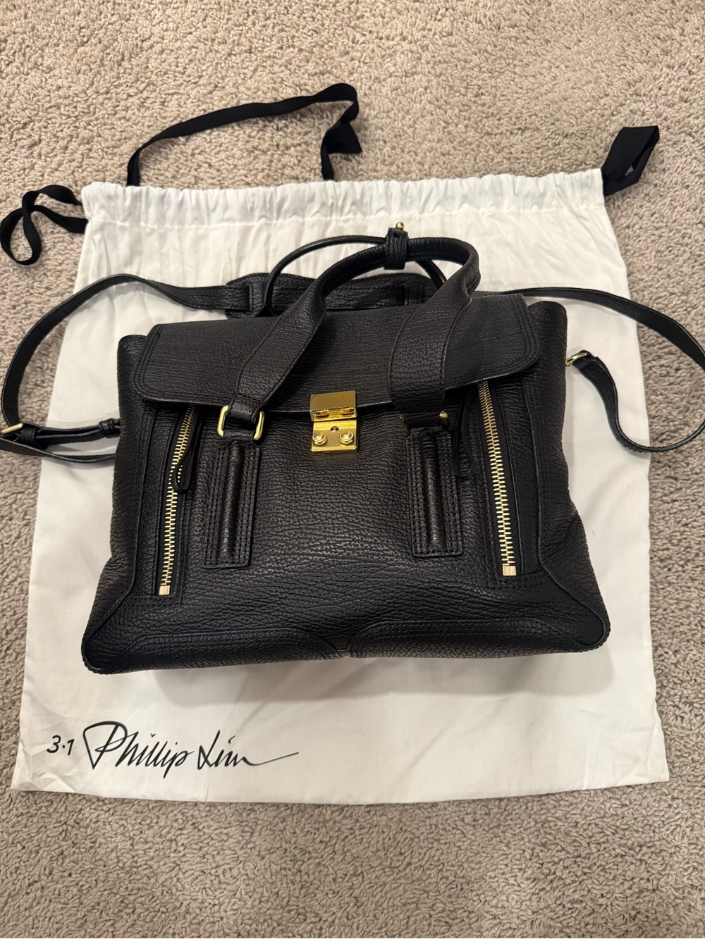 3.1 Phillip Lim Black Textured Leather Satchel with Gold Hardware - Picture 2 of 11